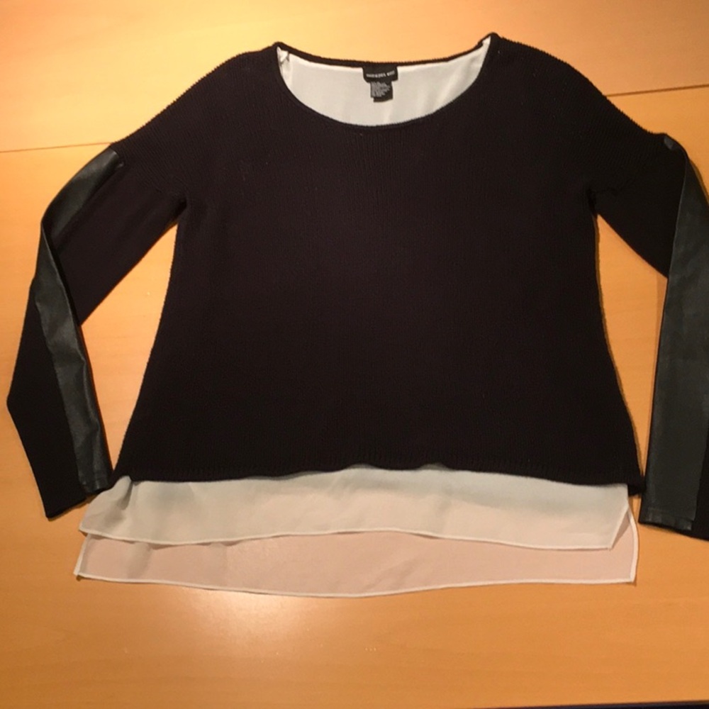 Black Sweater Leatherette Sleeves Chiffon Layer